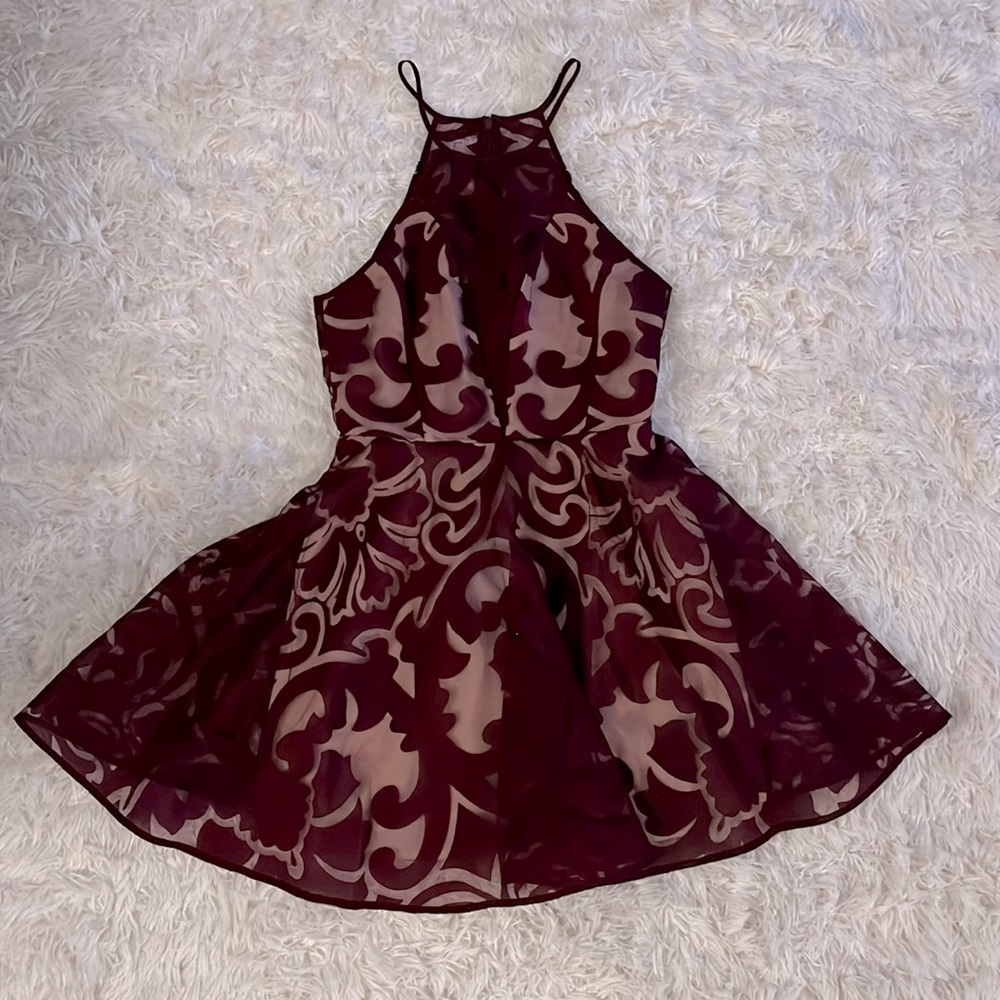 Keepsake Purple Mini Dress with Patterned Lace Overlay Size XS